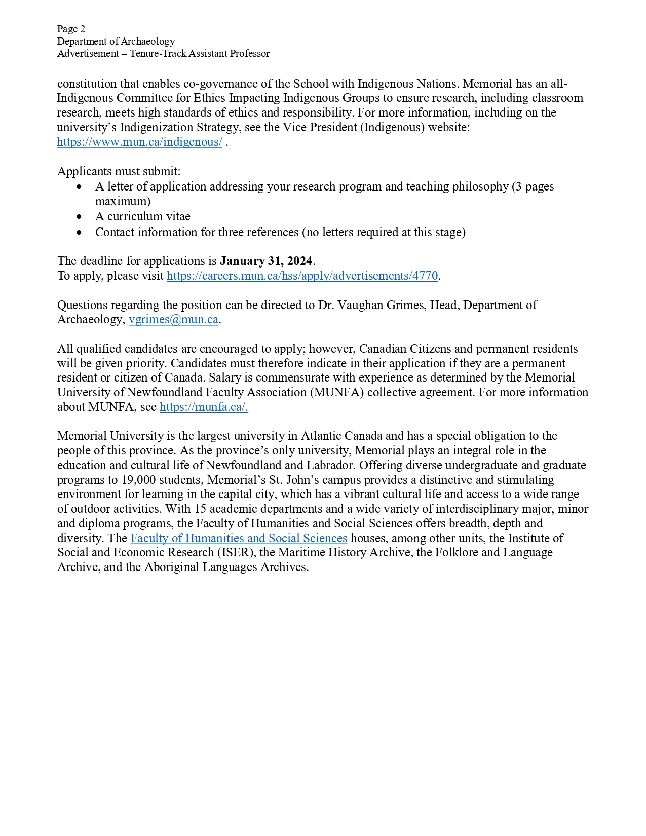 Job ad for Assistant Professor in the Department of Archaeology due January 31, 2024 (Page 2 of 2)